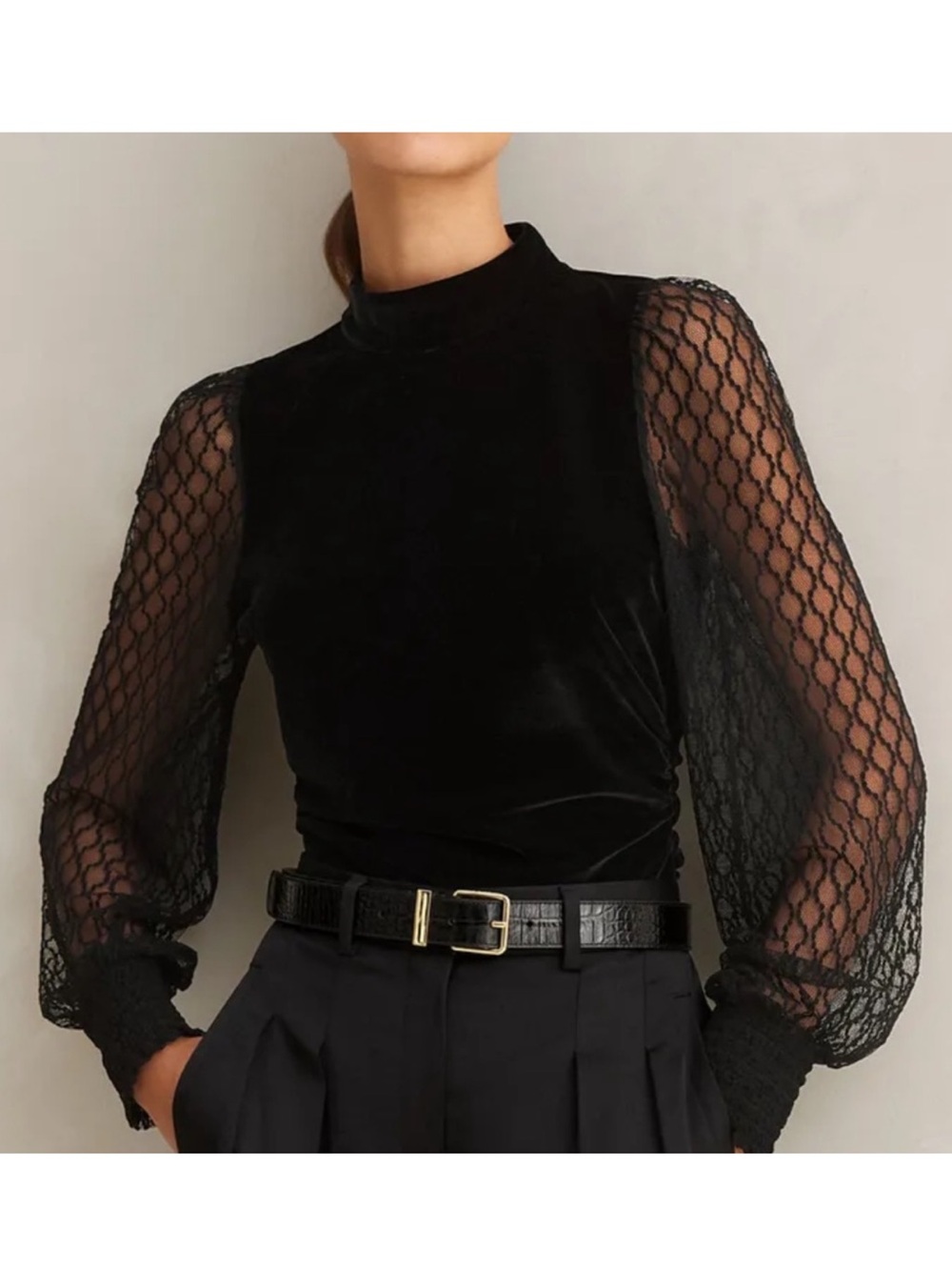ME+EM Stretch Velvet Black Lace Sleeve High Neck Top Blouse US 4